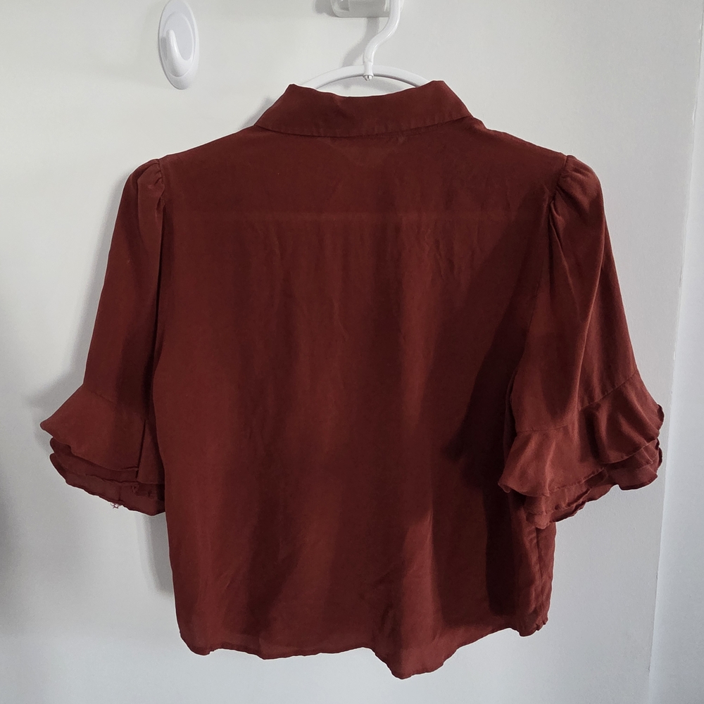 Frame Silk Red Button-Up Blouse with Ruffle Sleeves - Picture 4 of 4